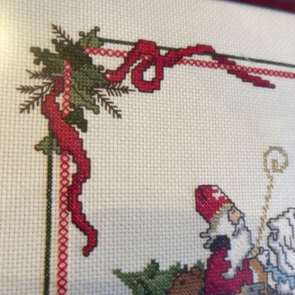 Completed Cross Stitch‎ Art Santa Claus Christmas Framed Victorian Old World